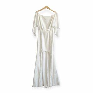 Rime Arodaky off the shoulder crepe long dress with lace trim, White, Size 38FR